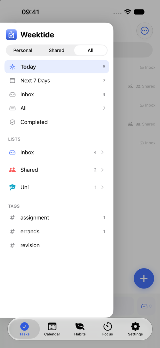 Weektide's lists drawer on iPhone: smart lists, your lists expanding in place, and a personal/shared scope switch.