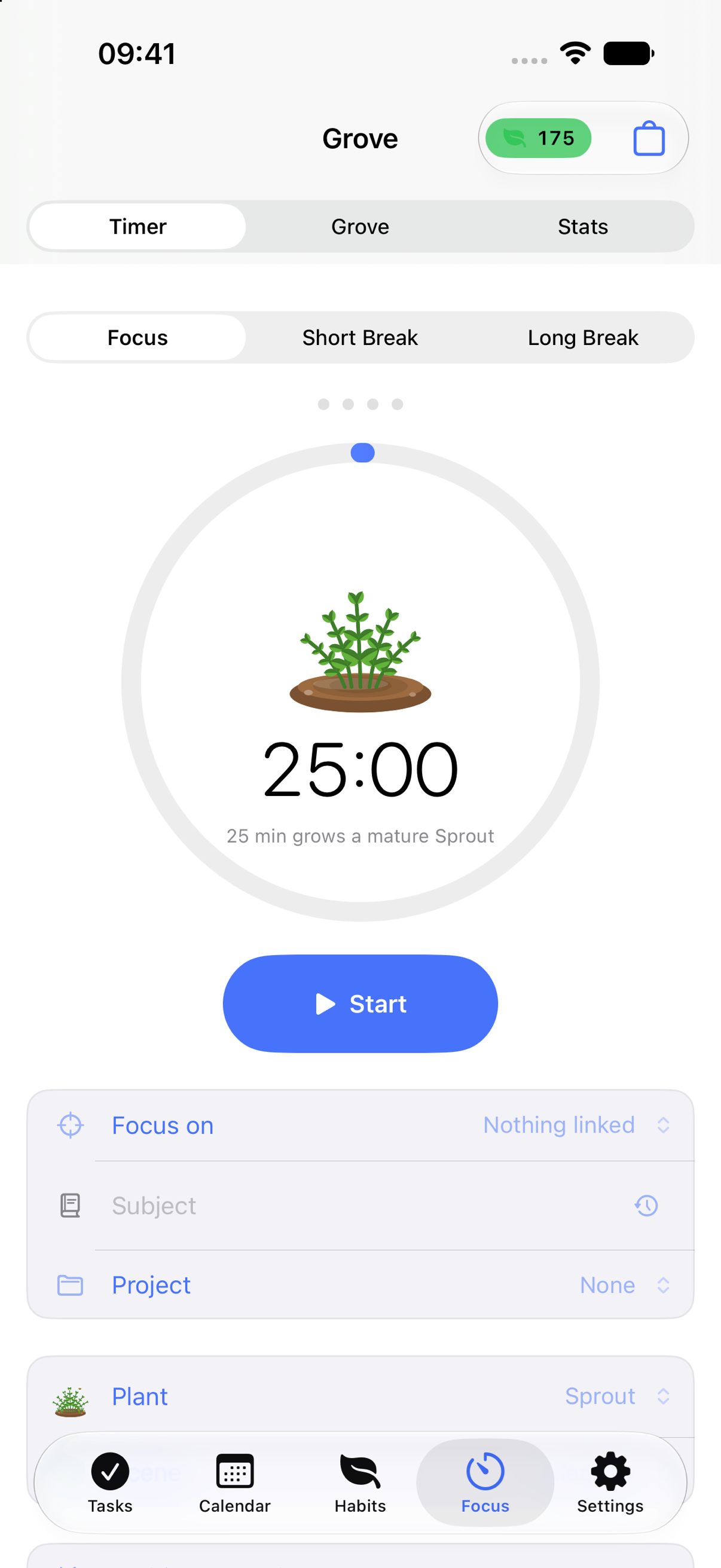 The Grove's focus timer on iPhone: 25 minutes on the dial, a young plant previewed inside the ring, and the caption '25 min grows a mature Sprout'.