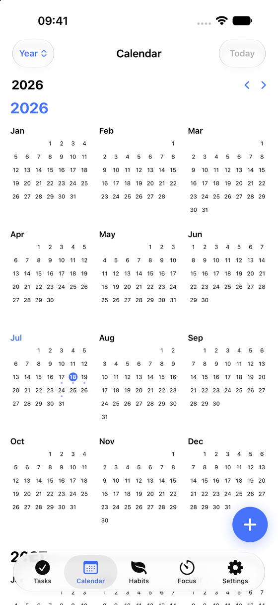 Weektide's calendar on iPhone zoomed out to a full year. Pinch to move between year, month, week and day.