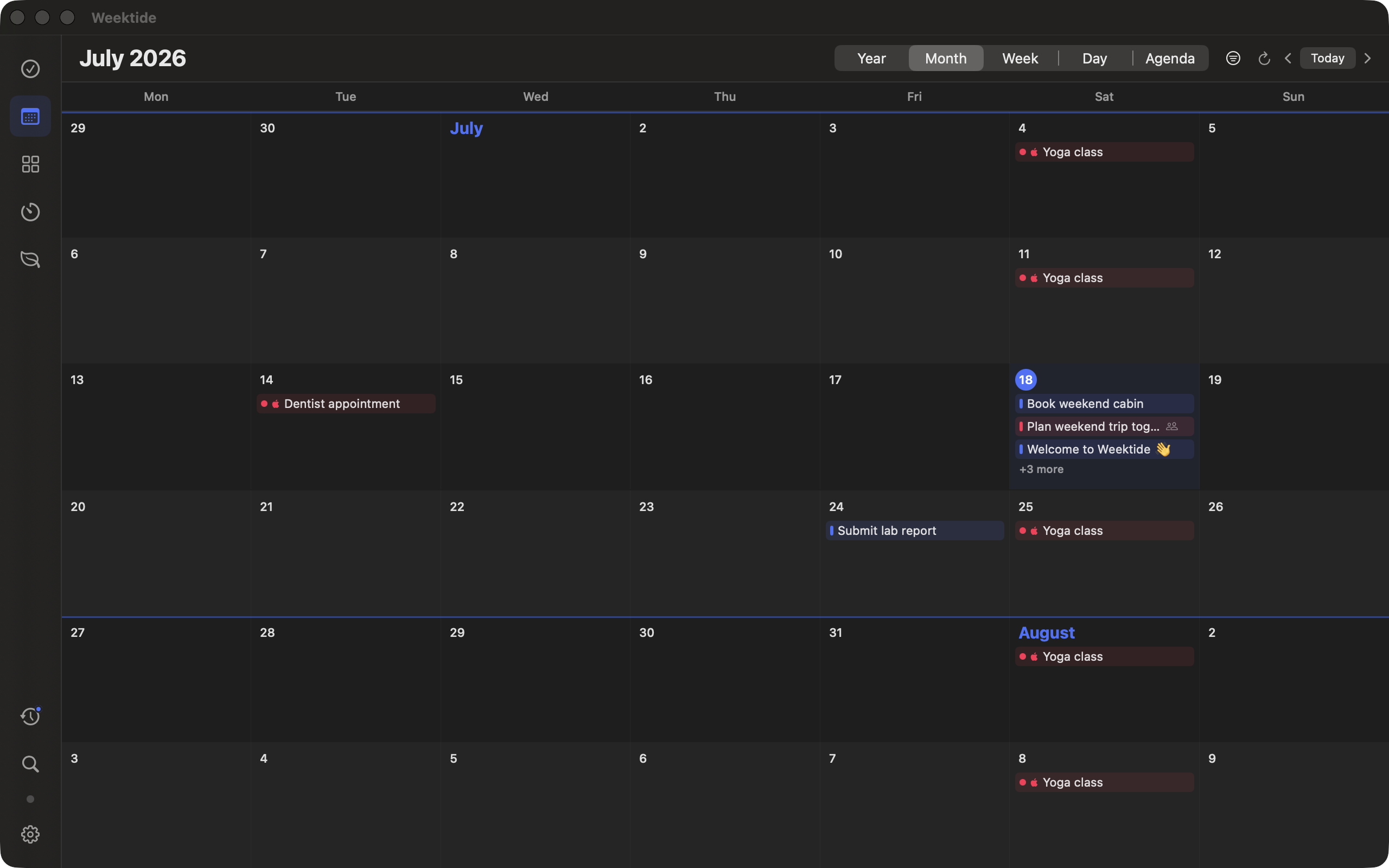 Weektide's calendar on Mac showing July in month view, with tasks and events sitting together on one grid.