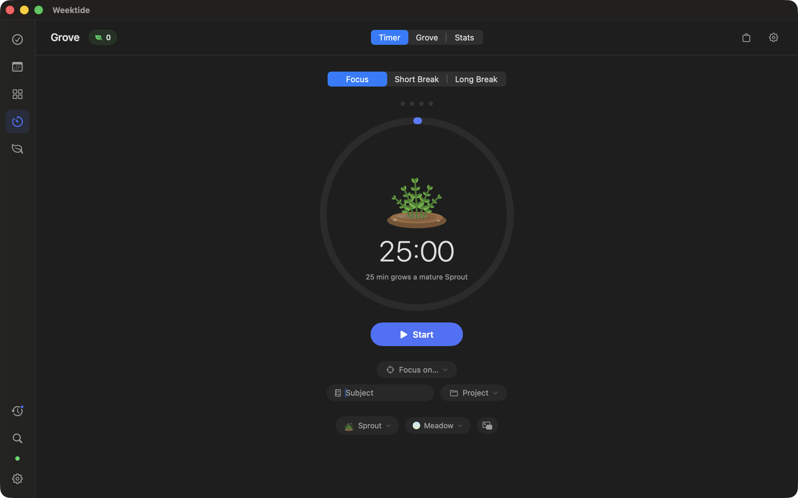 The Grove on Mac: a dark focus screen with a session timer counting down and a plant growing in the middle of the scene.