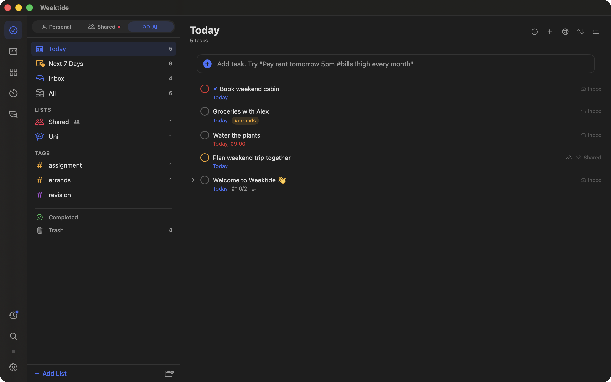 Weektide on Mac: the Today view with a clean list of tasks, each with its time, tags and priority, next to the day's schedule.